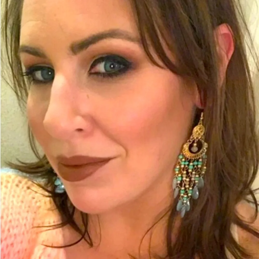 Exquisitely Exotic Hand Beaded Chandelier Earrings Blue, Green & Gold - Picture 6 of 9